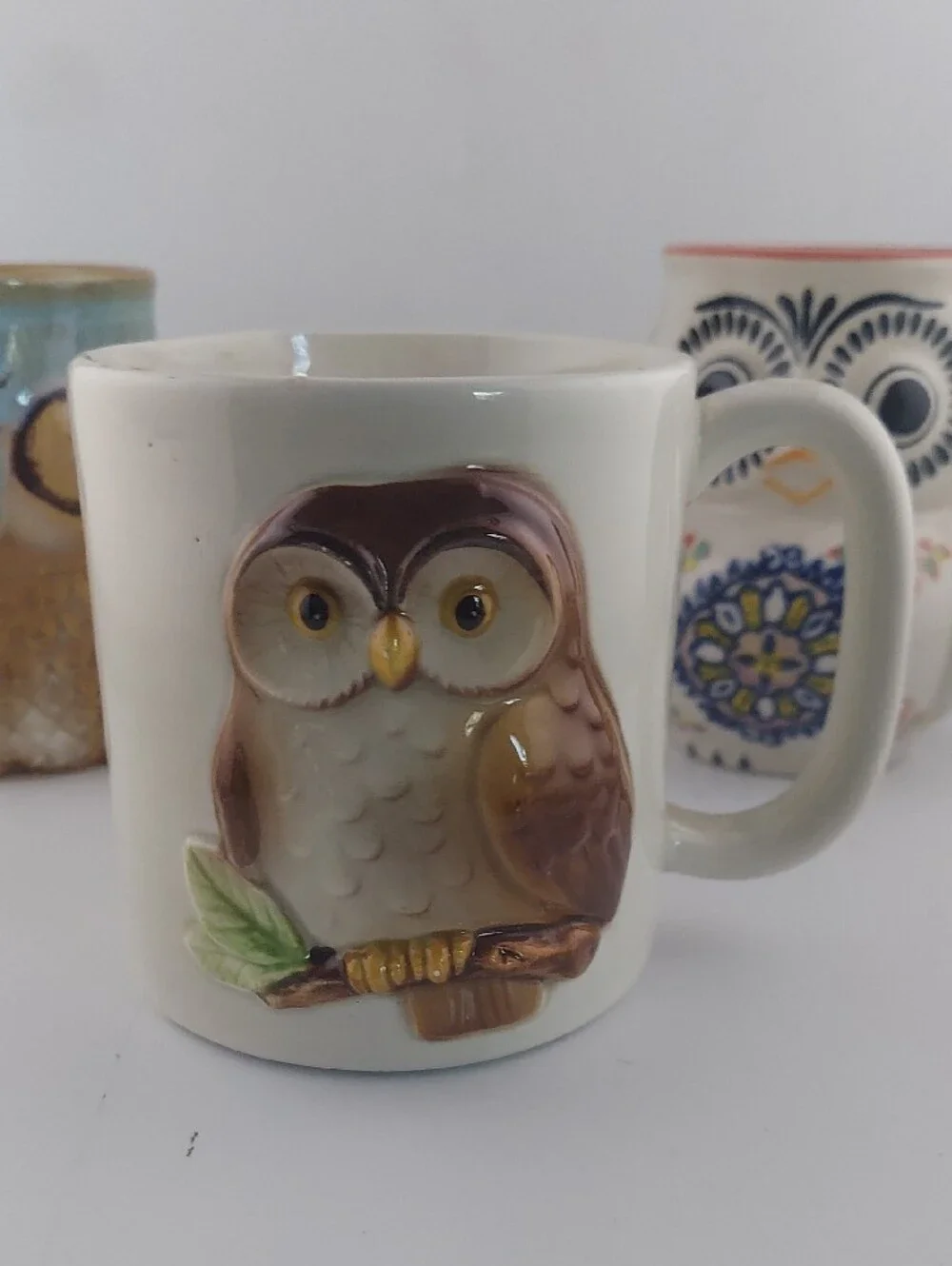 Vintage Owl Mug Set - Blue, White, Cream with Coral Accent